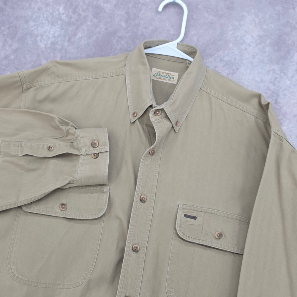 Vintage St Johns Bay Button Down Work Shirt Mens LXT Khaki Cotton Herringbone